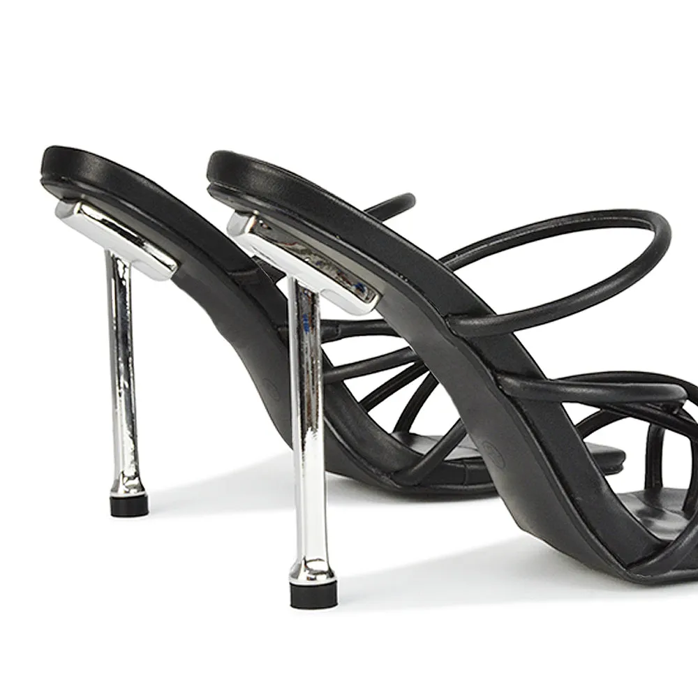 Raelynn Strappy Square Toe Metallic Stiletto High Heels in Black Synthetic Leather sold by XYlondon product image thumbnail 2