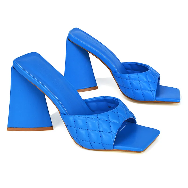 Maylin Quilted Square Toe Sculptured Flared High Heel in Blue Synthetic Leather made by XYlondon