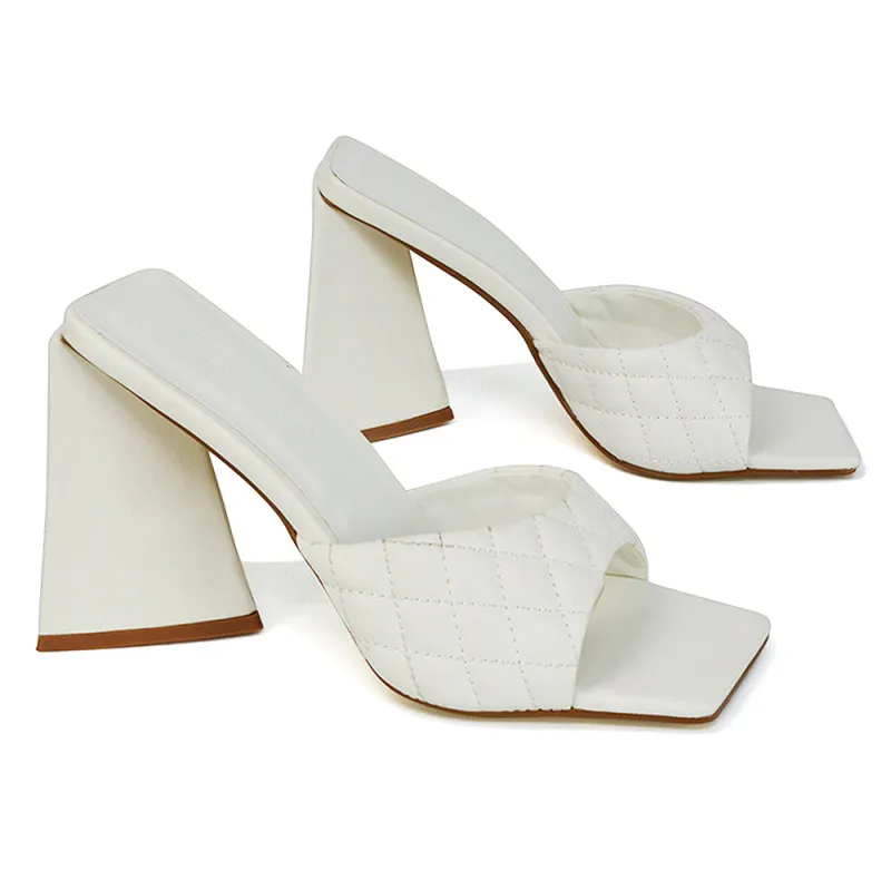 Maylin Womens Quilted Square Toe Sculptured Flared High Heels in White Synthetic Leather sold by XYlondon