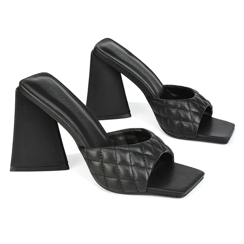Maylin Womens Quilted Square Toe Sculptured Flared High Heels in Black Synthetic Leather sold by XYlondon