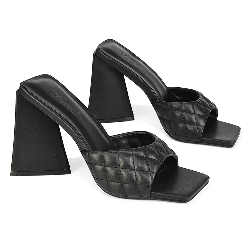 Maylin Womens Quilted Square Toe Sculptured Flared High Heels in Black Synthetic Leather sold by XYlondon