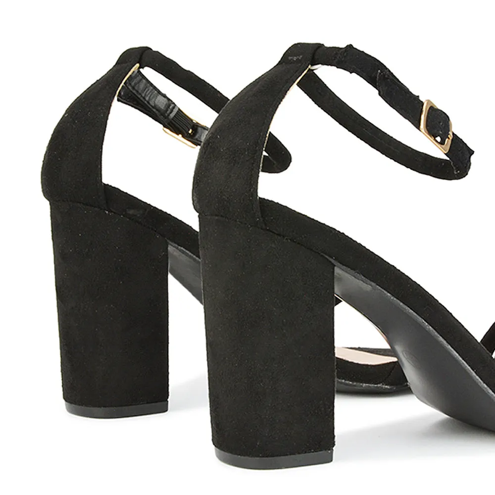 Liana Womens Toe Loop Strappy Chunky Block Heel Sandals in Black Faux Suede sold by XYlondon product image thumbnail 2