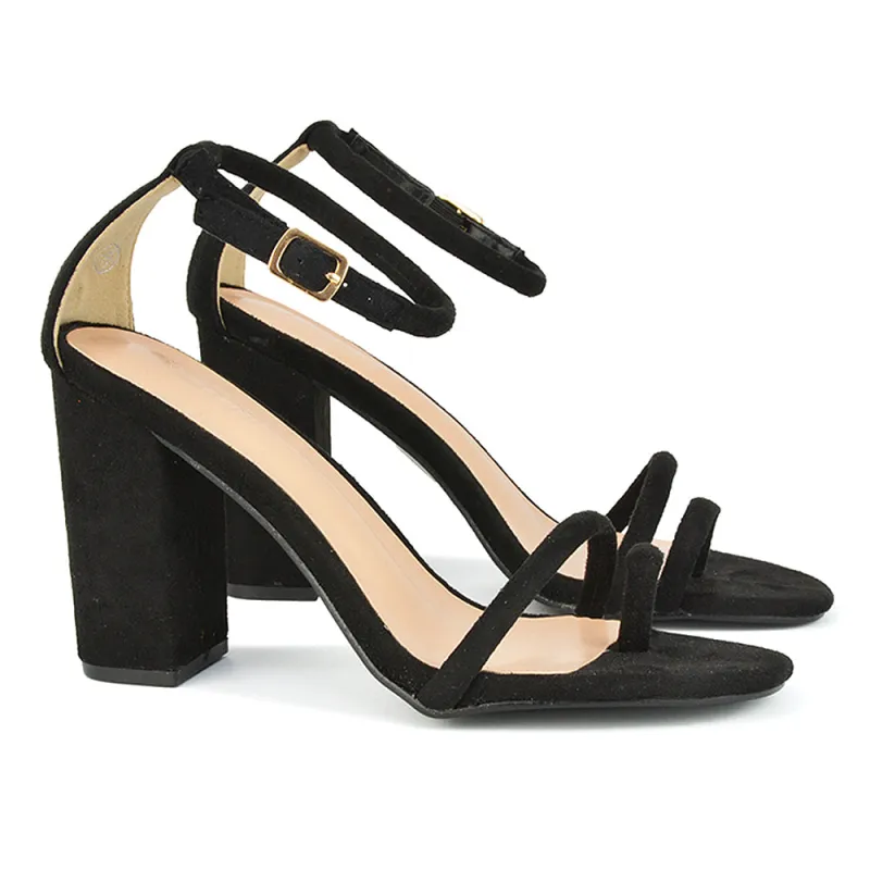 Liana Womens Toe Loop Strappy Chunky Block Heel Sandals in Black Faux Suede sold by XYlondon