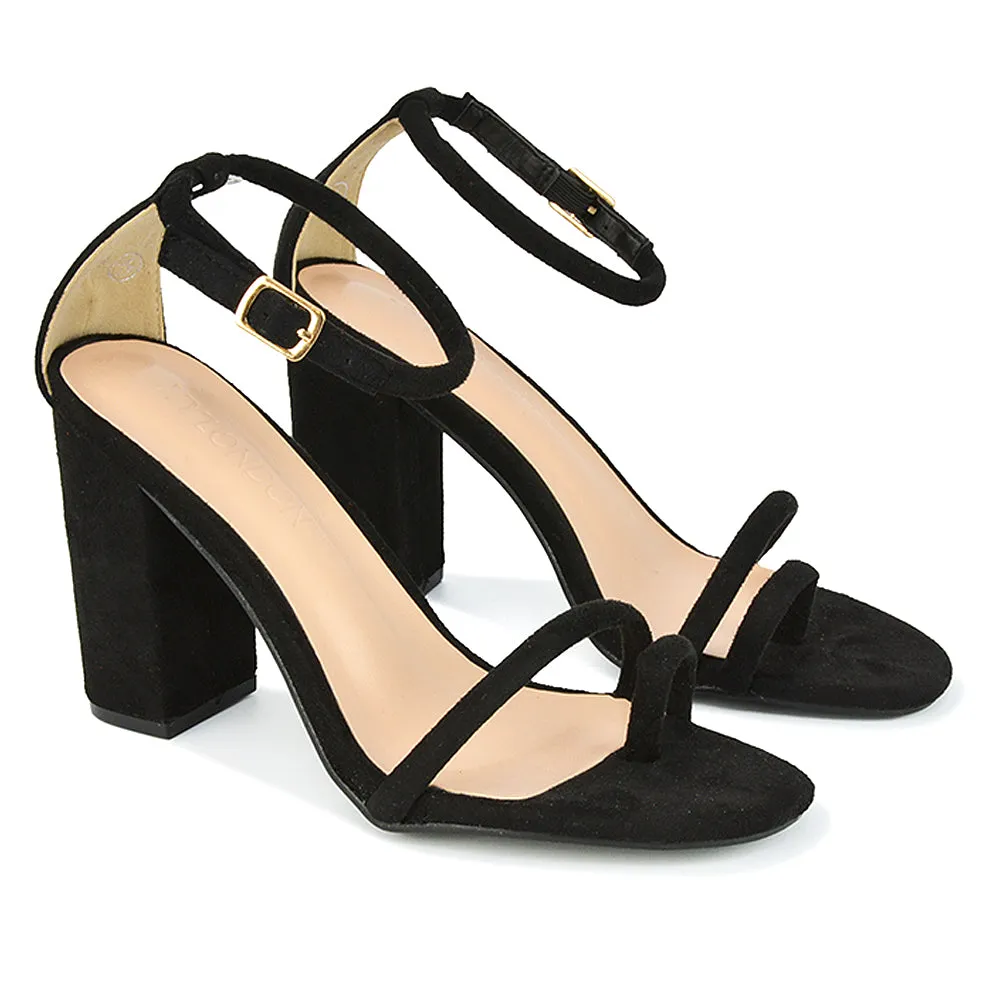 Liana Womens Toe Loop Strappy Chunky Block Heel Sandals in Black Faux Suede sold by XYlondon product image thumbnail 4