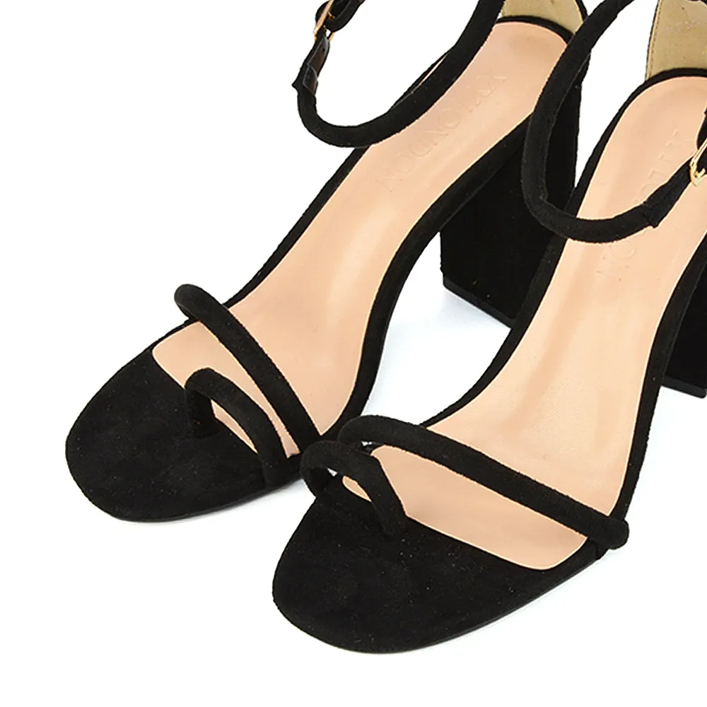 Liana Womens Toe Loop Strappy Chunky Block Heel Sandals in Black Faux Suede sold by XYlondon product image thumbnail 5