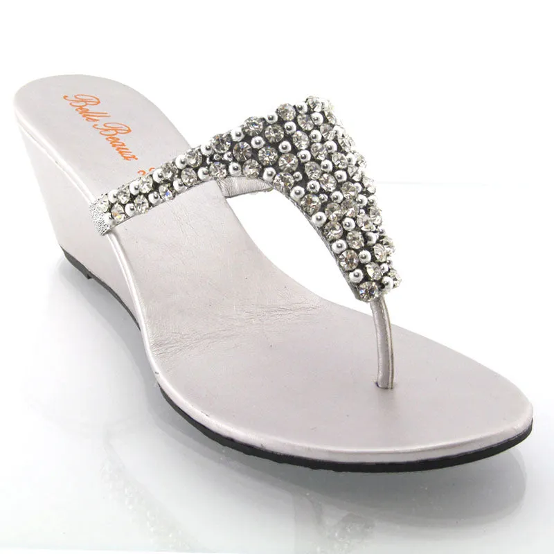 Logan Diamante Embellished Sparkly Statement Strappy Toe Post Thong Wedge Sandal High Heels in Silver sold by XYlondon