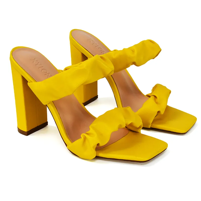 Milena Ruched Double Strap Block High Heel Sandals in Yellow Synthetic Leather sold by XYlondon