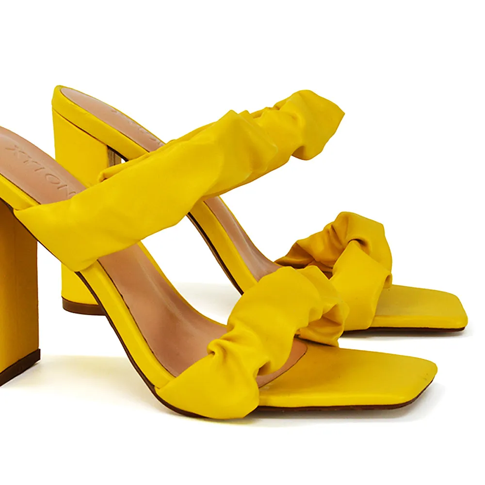 Milena Ruched Double Strap Block High Heel Sandals in Yellow Synthetic Leather sold by XYlondon product image thumbnail 4