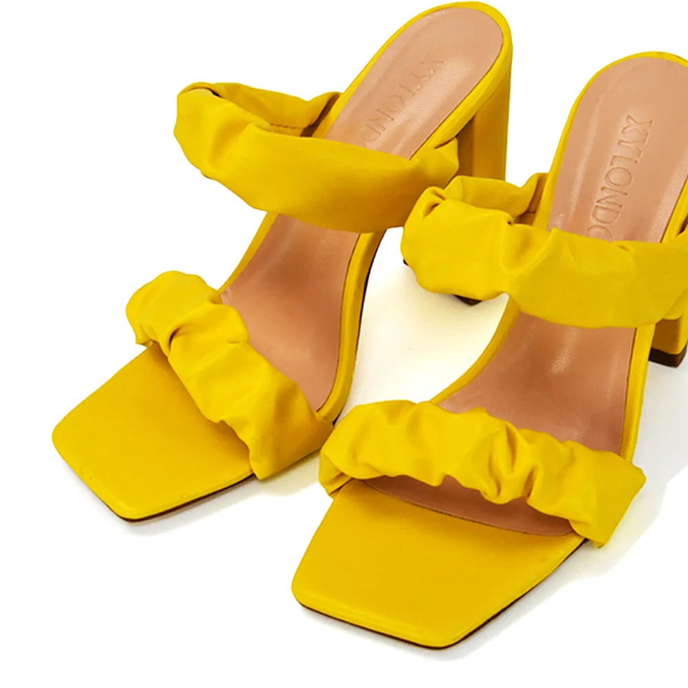 Milena Ruched Double Strap Block High Heel Sandals in Yellow Synthetic Leather sold by XYlondon product image thumbnail 5