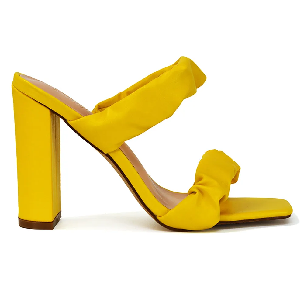 Milena Ruched Double Strap Block High Heel Sandals in Yellow Synthetic Leather sold by XYlondon product image thumbnail 3