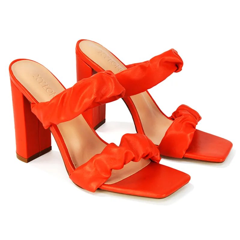 Milena Ruched Double Strap Block High Heel Sandals in Orange Synthetic Leather sold by XYlondon