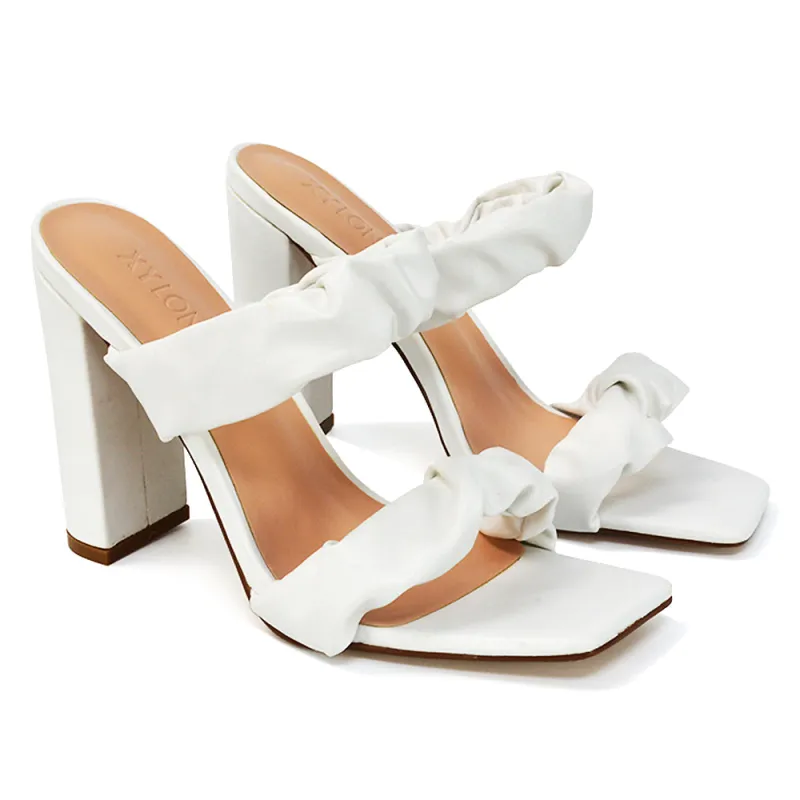 Milena Ruched Double Strap Block High Heel Sandals in White Synthetic Leather sold by XYlondon