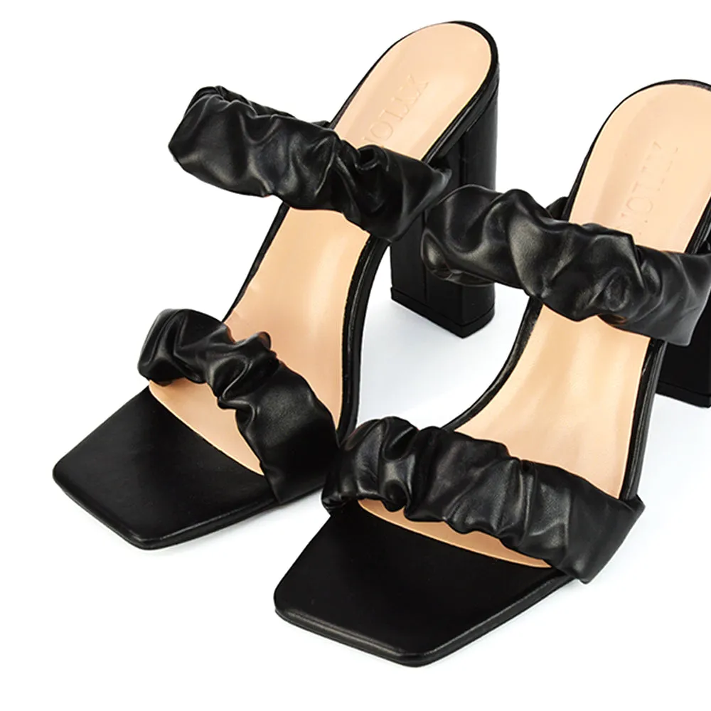 Milena Ruched Double Strap Block High Heel Sandals in Black Synthetic Leather sold by XYlondon product image thumbnail 5
