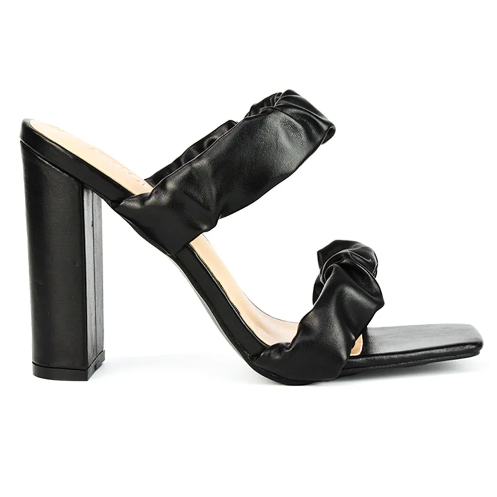 Milena Ruched Double Strap Block High Heel Sandals in Black Synthetic Leather sold by XYlondon product image thumbnail 3