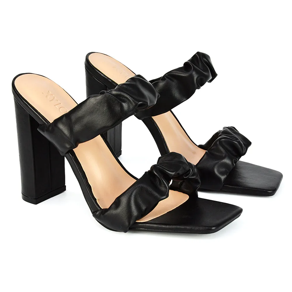 Milena Ruched Double Strap Block High Heel Sandals in Black Synthetic Leather sold by XYlondon