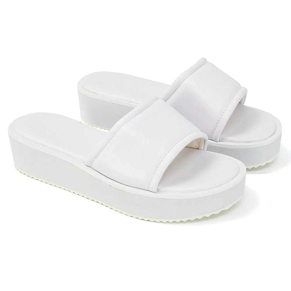 Julian Cleated Sole Slip on Flatform Sandal Slippers in White Synthetic Leather sold by XYlondon
