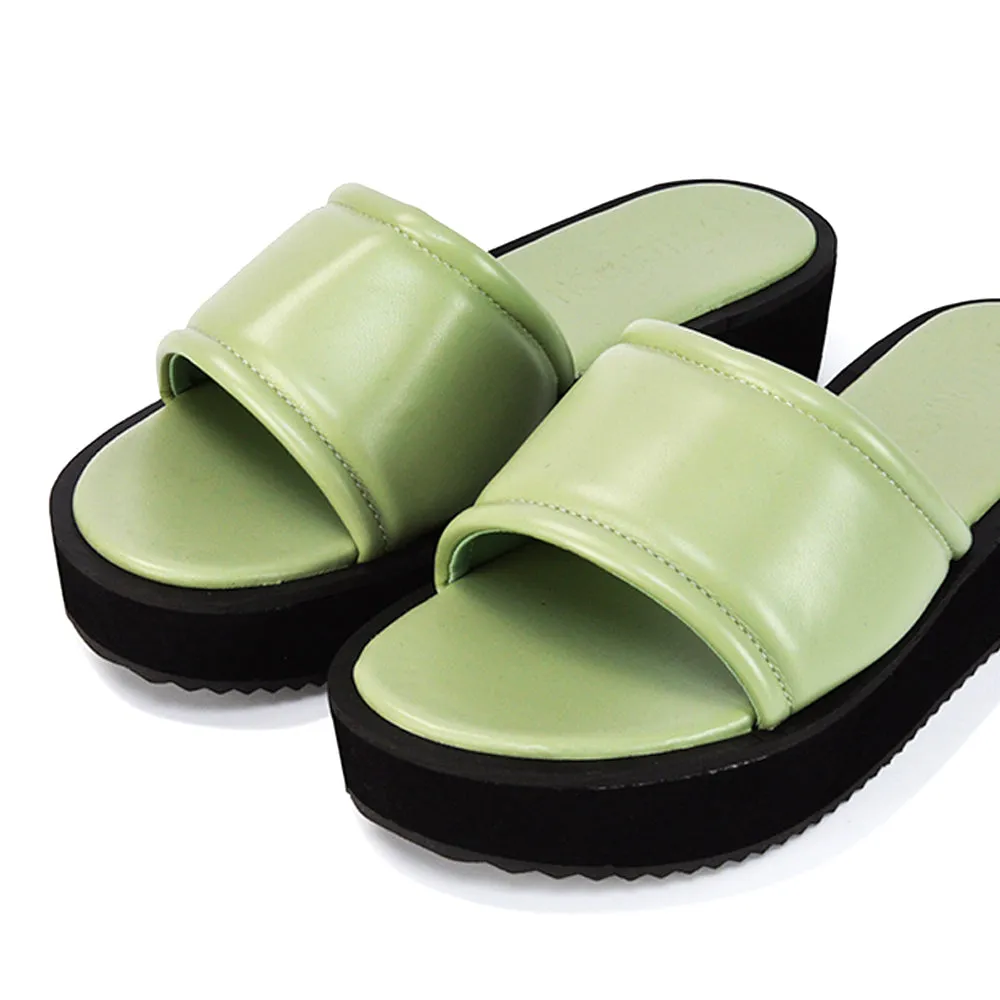 Julian Cleated Sole Slip on Flatform Slider Sandal Slippers in Mint Synthetic Leather sold by XYlondon