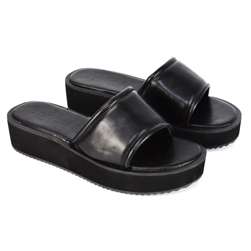 Julian Cleated Sole Slip on Flatform Sandal Slippers in Black Synthetic Leather sold by XYlondon