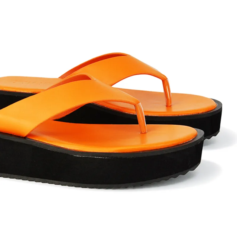 Tammi Thong Strap Flatform Flip Flop Sandal Slides in Orange Synthetic Leather sold by XYlondon