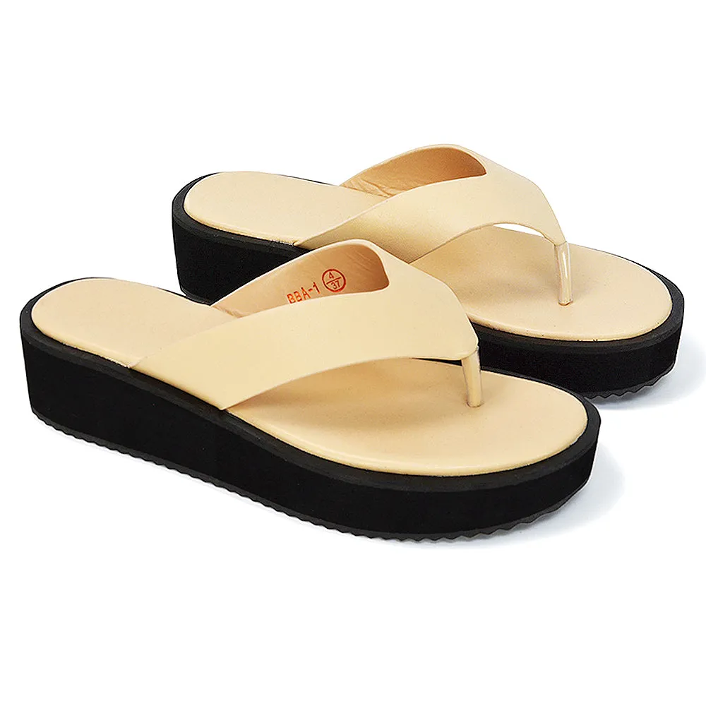 Tammi Thong Strap Flatform Flip Flop Sandal Slides in Nude Synthetic Leather sold by XYlondon product image thumbnail 3