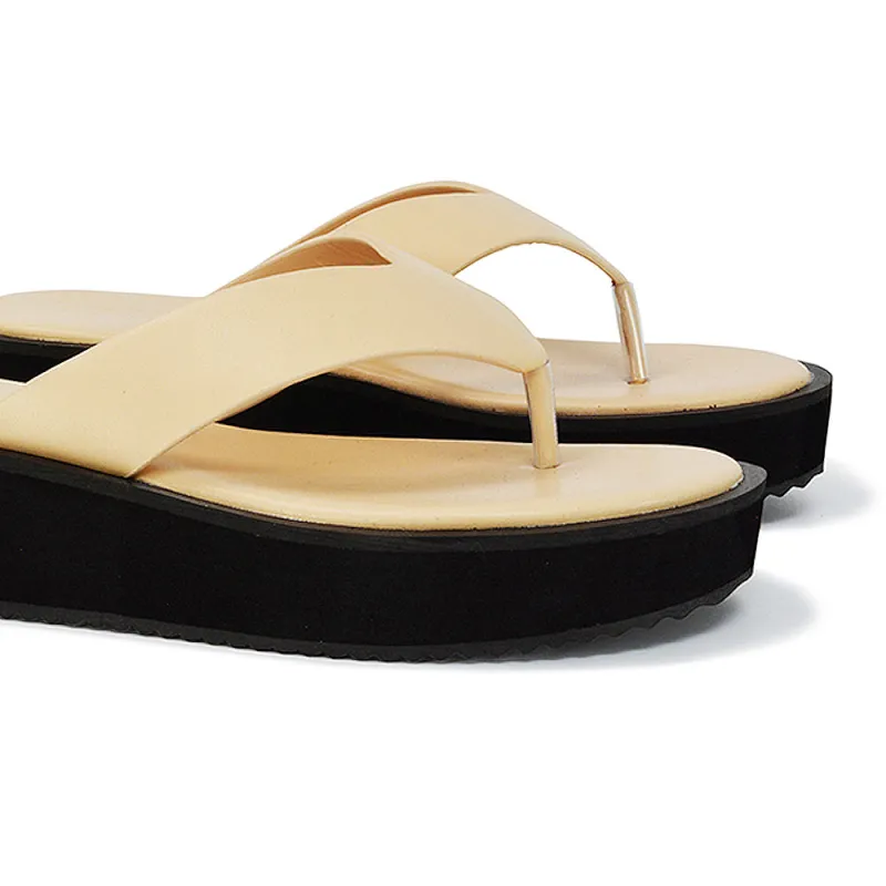 Tammi Thong Strap Flatform Flip Flop Sandal Slides in Nude Synthetic Leather sold by XYlondon