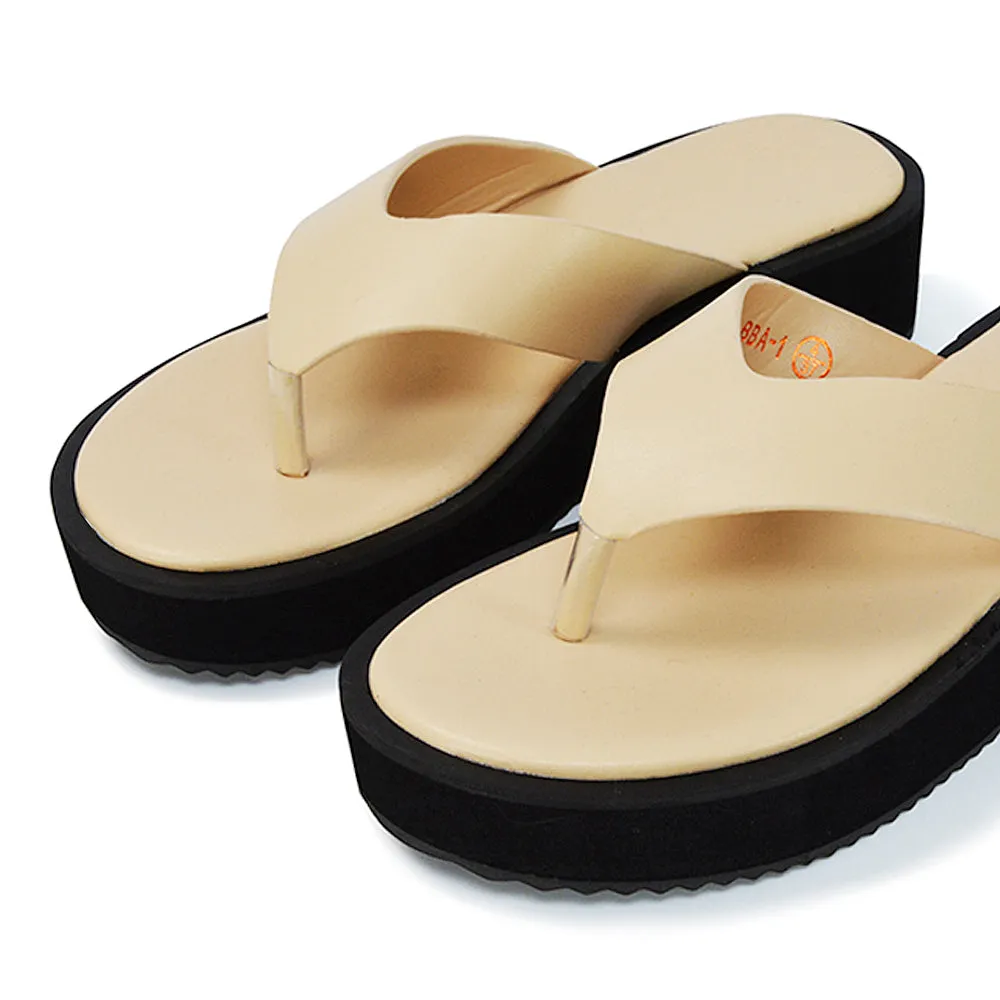 Tammi Thong Strap Flatform Flip Flop Sandal Slides in Nude Synthetic Leather sold by XYlondon product image thumbnail 4