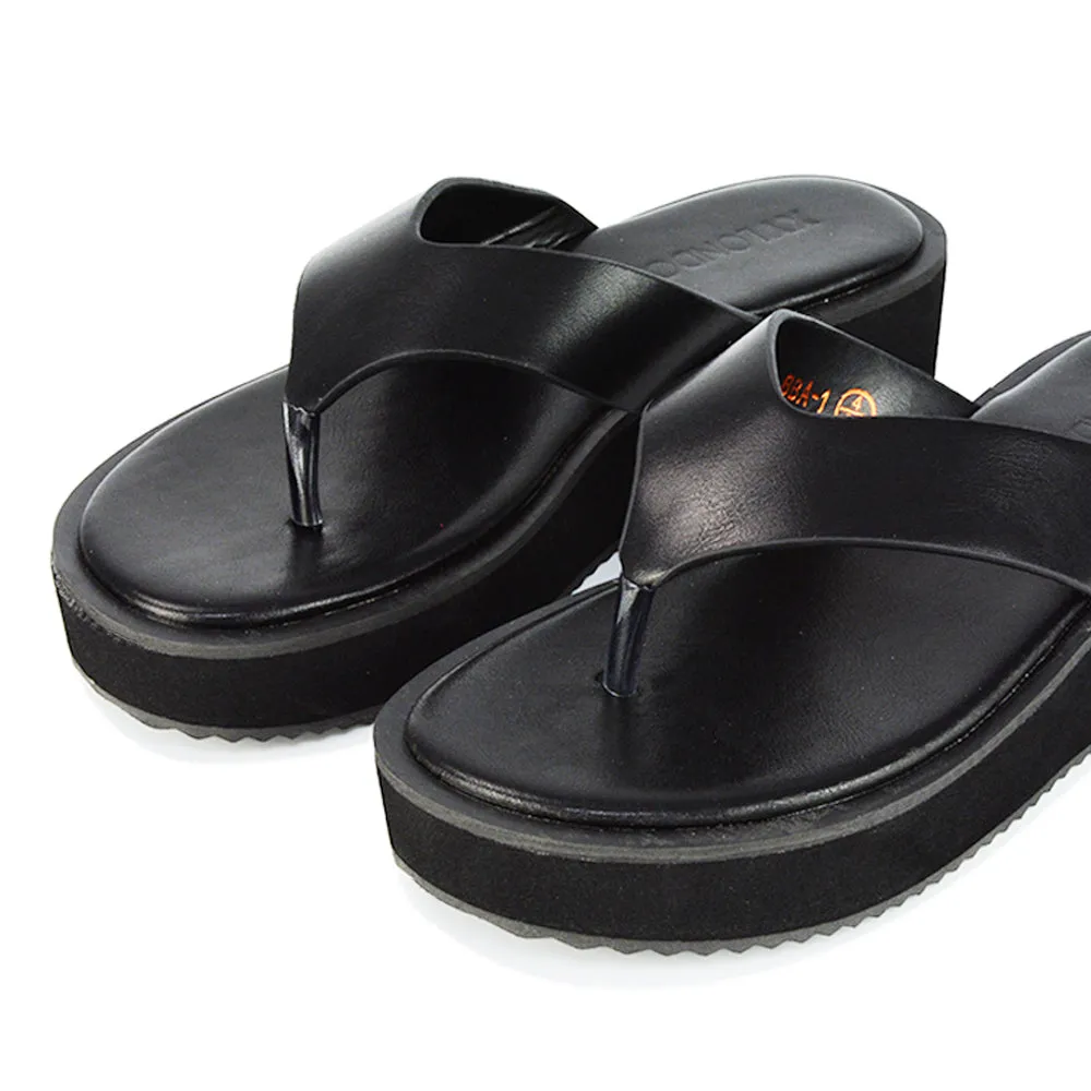Tammi Thong Strap Flatform Flip Flop Sandal Slides in Black Synthetic Leather sold by XYlondon product image thumbnail 4