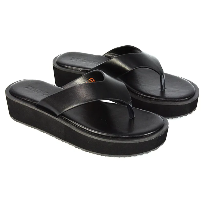 Tammi Thong Strap Flatform Flip Flop Sandal Slides in Black Synthetic Leather sold by XYlondon