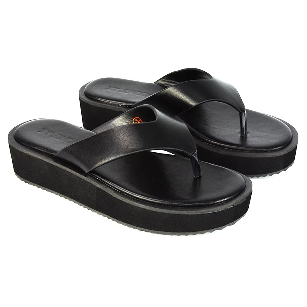 Tammi Thong Strap Flatform Flip Flop Sandal Slides in Black Synthetic Leather sold by XYlondon