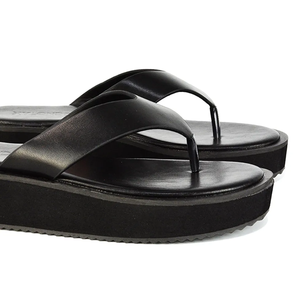 Tammi Thong Strap Flatform Flip Flop Sandal Slides in Black Synthetic Leather sold by XYlondon product image thumbnail 3