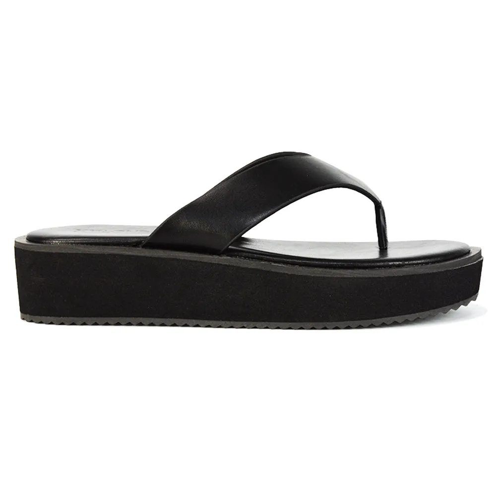 Tammi Thong Strap Flatform Flip Flop Sandal Slides in Black Synthetic Leather sold by XYlondon product image thumbnail 2