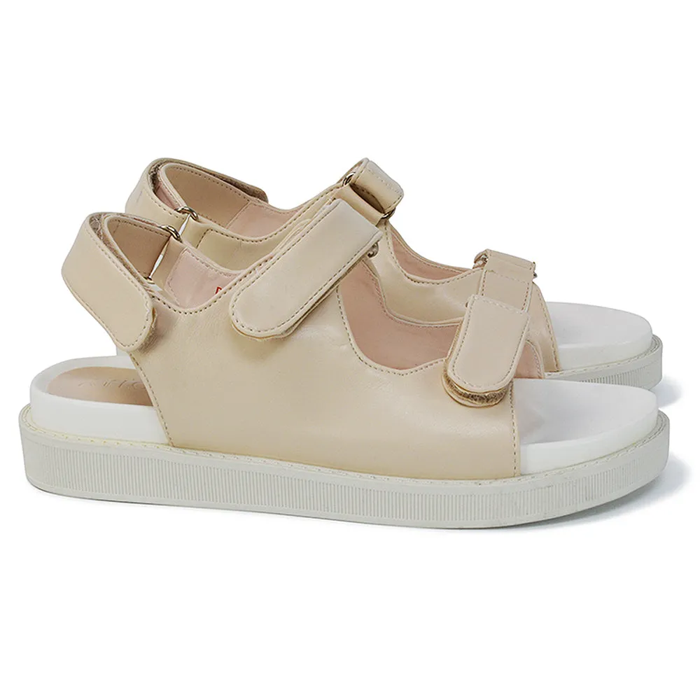 Asher Double Strap Flat Platform Heel Dad Sandals in Nude Synthetic Leather sold by XYlondon