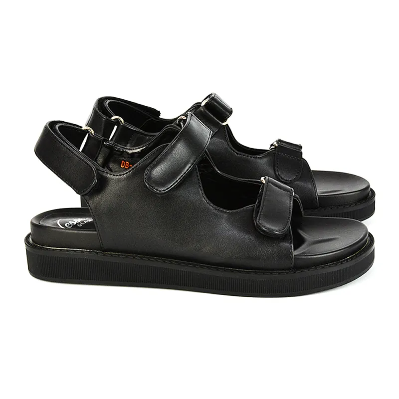 Asher Double Strap Flat Platform Heel Dad Sandals in Black Synthetic Leather sold by XYlondon