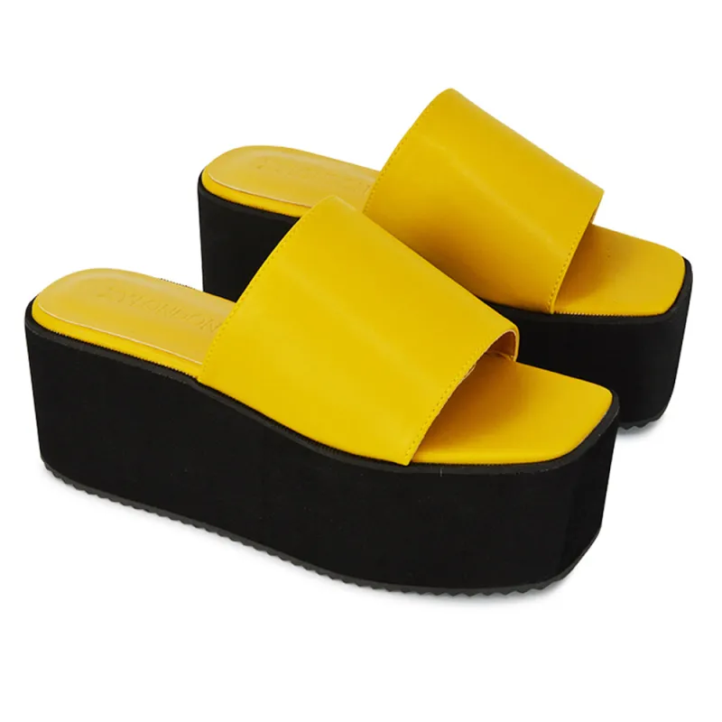 Kaiya Square Toe Slip on Flatform Sandal Slides in Yellow Synthetic Leather sold by XYlondon