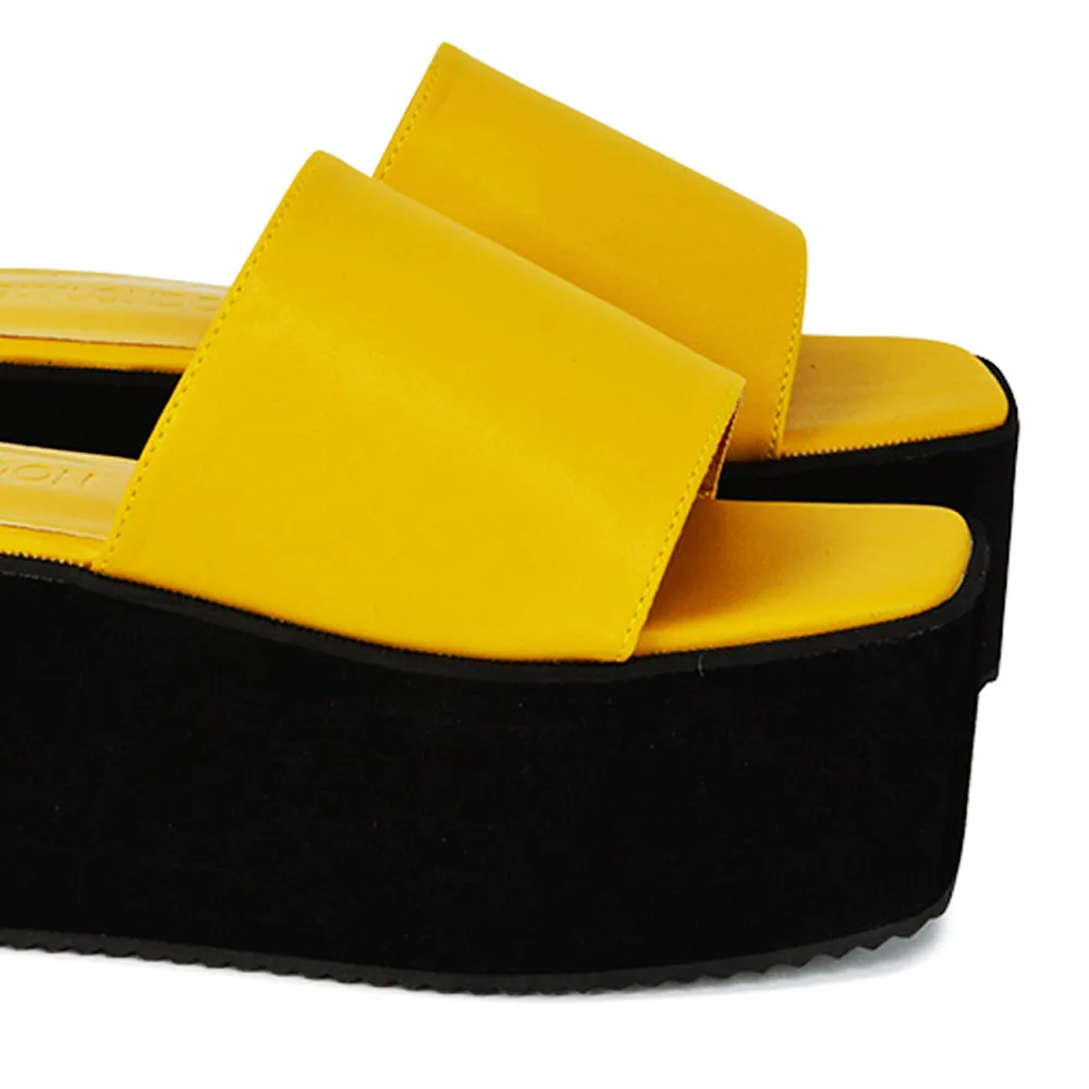 Kaiya Square Toe Slip on Flatform Sandal Slides in Yellow Synthetic Leather sold by XYlondon product image thumbnail 4
