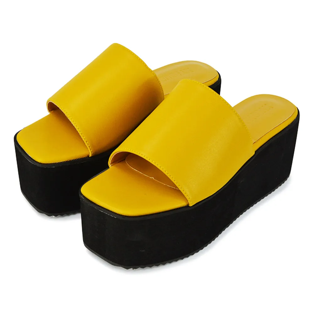 Kaiya Square Toe Slip on Flatform Sandal Slides in Yellow Synthetic Leather sold by XYlondon product image thumbnail 5
