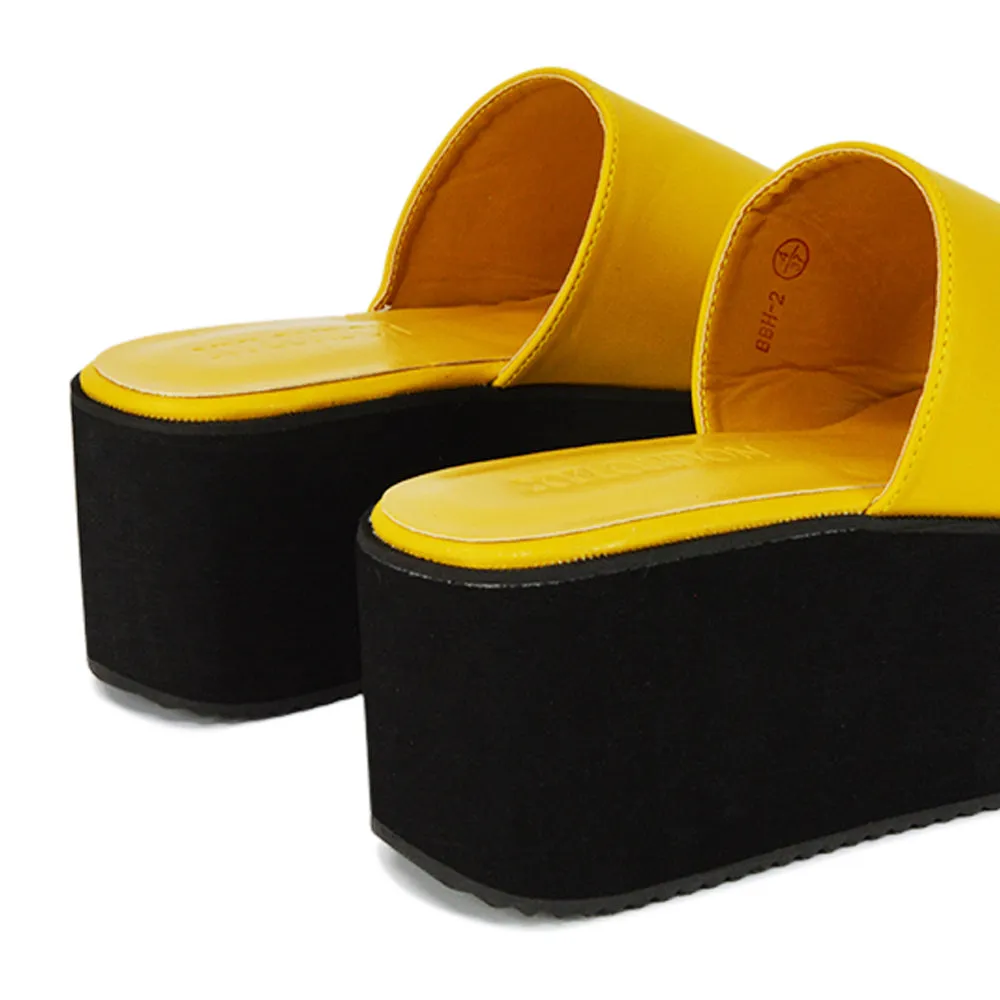 Kaiya Square Toe Slip on Flatform Sandal Slides in Yellow Synthetic Leather sold by XYlondon product image thumbnail 2