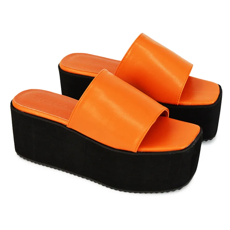 Kaiya Square Toe Slip on Flatform Sandal Slides in Orange Synthetic Leather sold by XYlondon