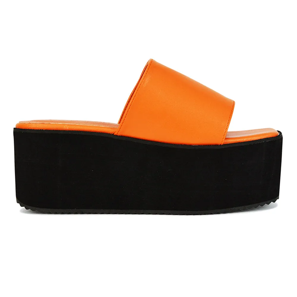 Kaiya Square Toe Slip on Flatform Sandal Slides in Orange Synthetic Leather sold by XYlondon product image thumbnail 3