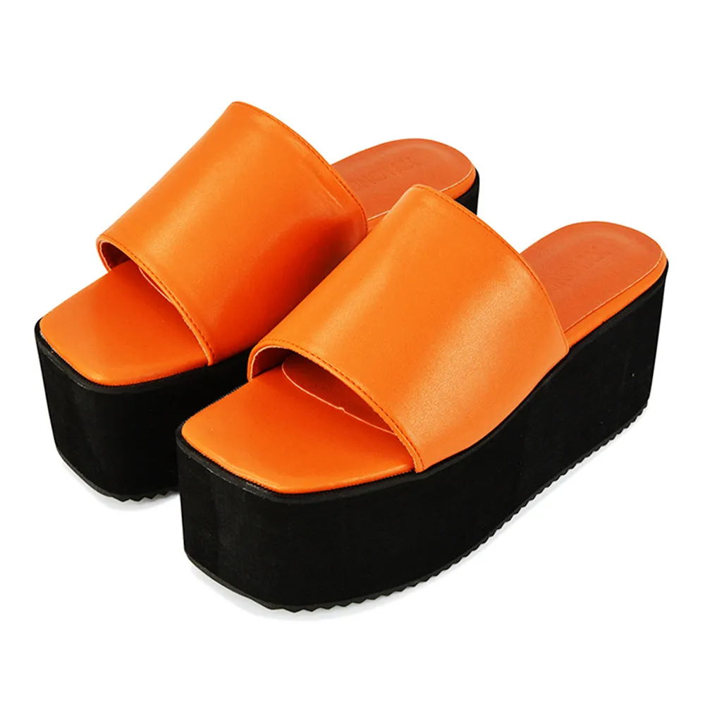 Kaiya Square Toe Slip on Flatform Sandal Slides in Orange Synthetic Leather sold by XYlondon product image thumbnail 5