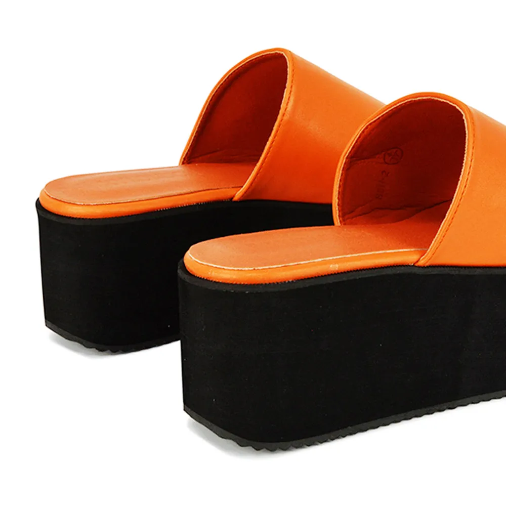Kaiya Square Toe Slip on Flatform Sandal Slides in Orange Synthetic Leather sold by XYlondon product image thumbnail 2