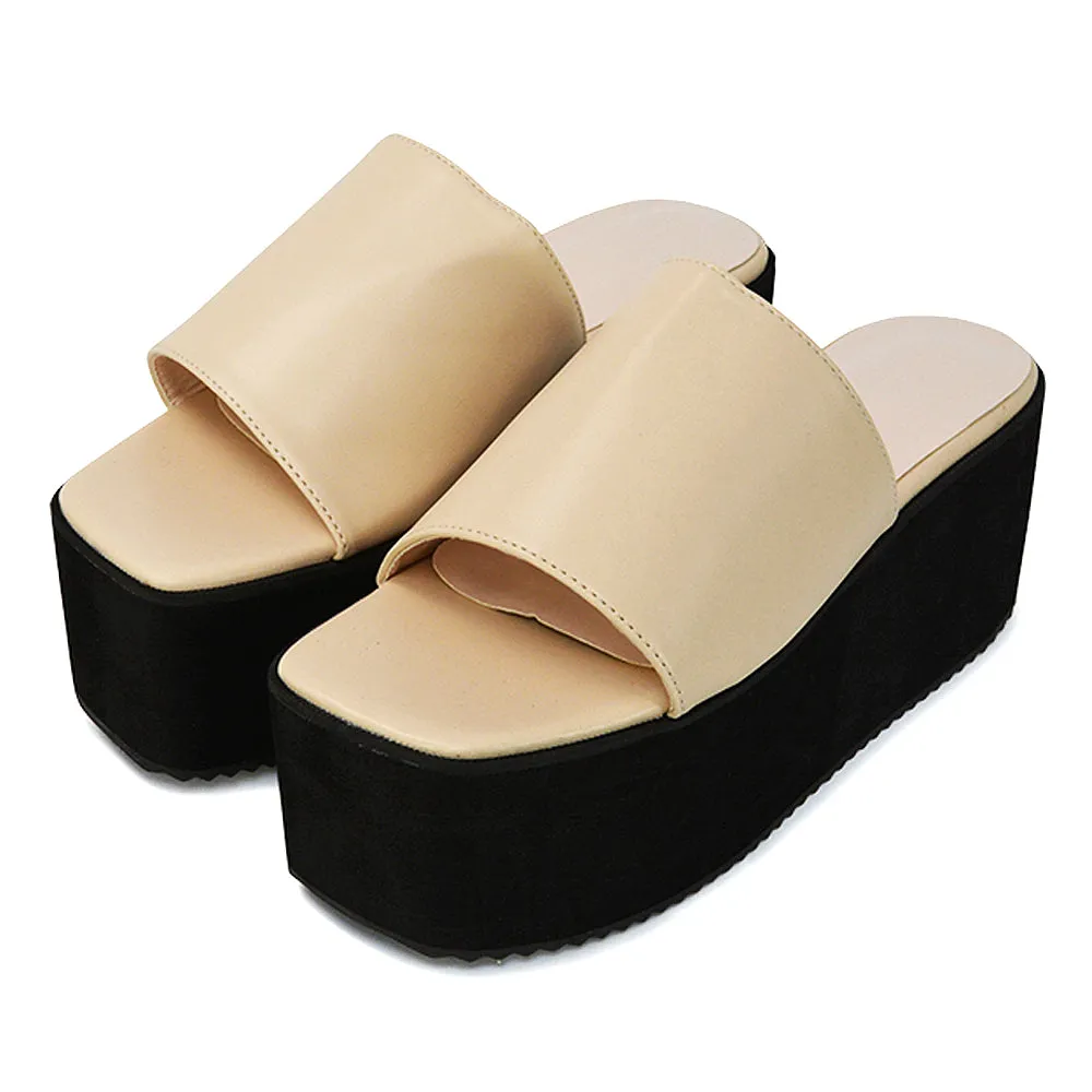 Kaiya Square Toe Slip on Flatform Sandal Slides in Nude Synthetic Leather sold by XYlondon product image thumbnail 5