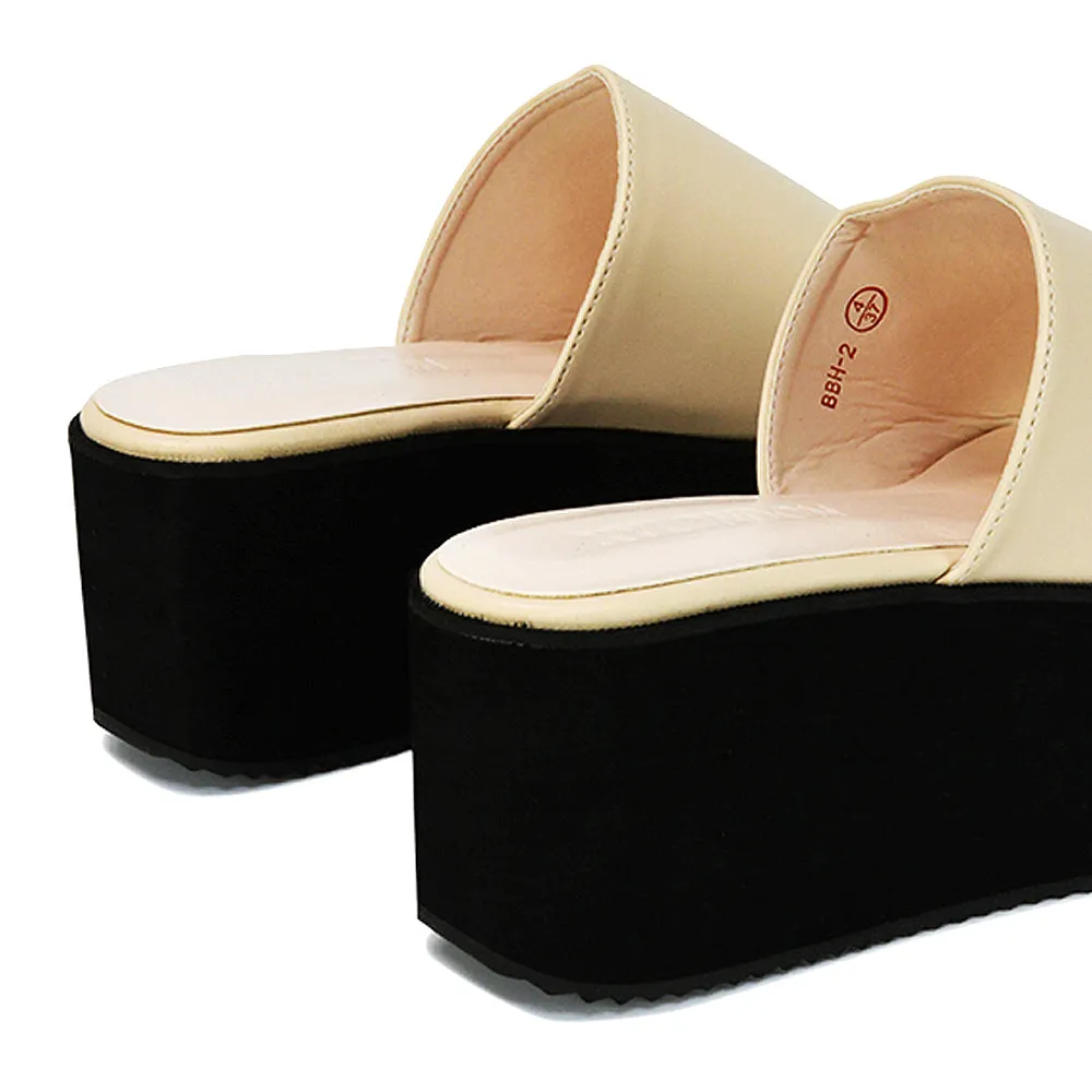 Kaiya Square Toe Slip on Flatform Sandal Slides in Nude Synthetic Leather sold by XYlondon product image thumbnail 2