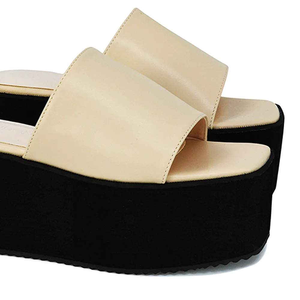 Kaiya Square Toe Slip on Flatform Sandal Slides in Nude Synthetic Leather sold by XYlondon product image thumbnail 4