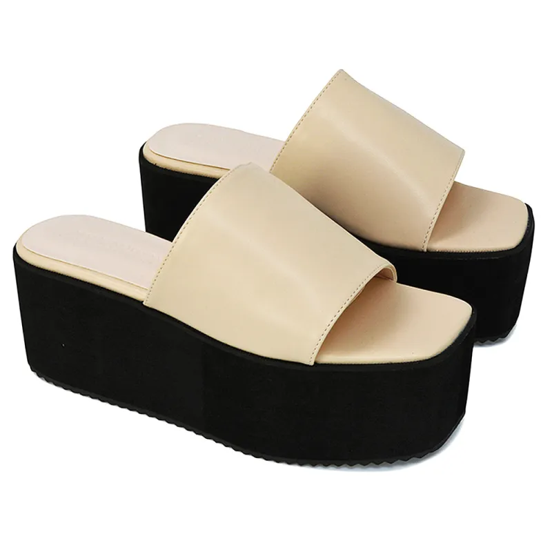 Kaiya Square Toe Slip on Flatform Sandal Slides in Nude Synthetic Leather sold by XYlondon