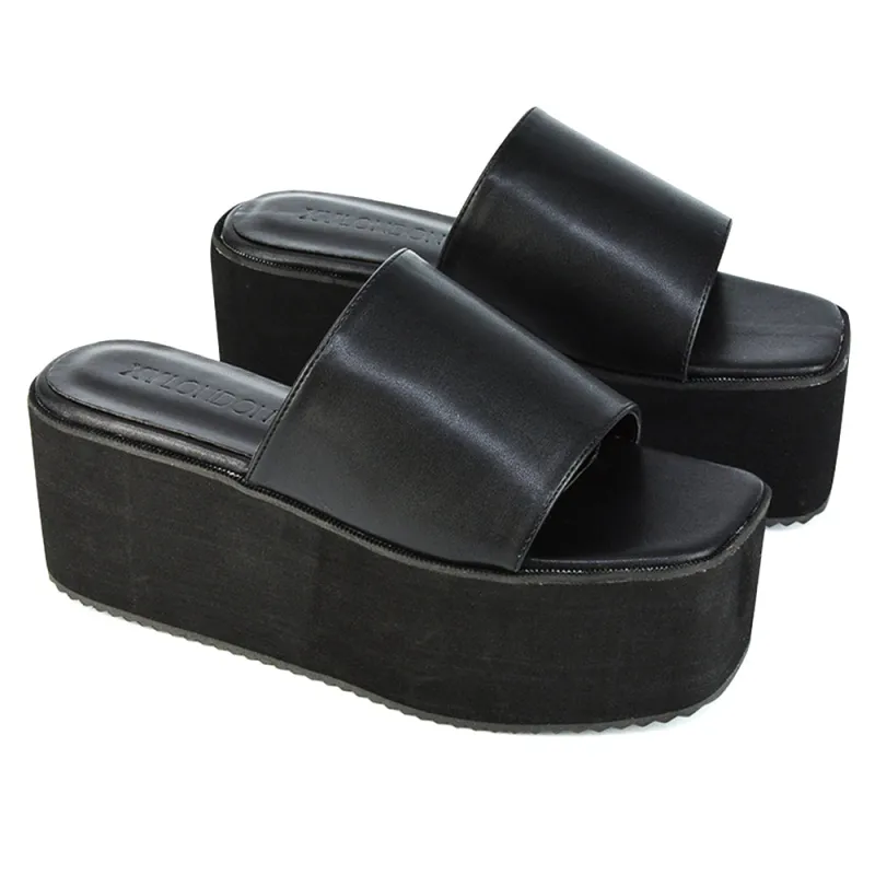 Kaiya Square Toe Slip on Flatform Sandal Slides in Black Synthetic Leather sold by XYlondon