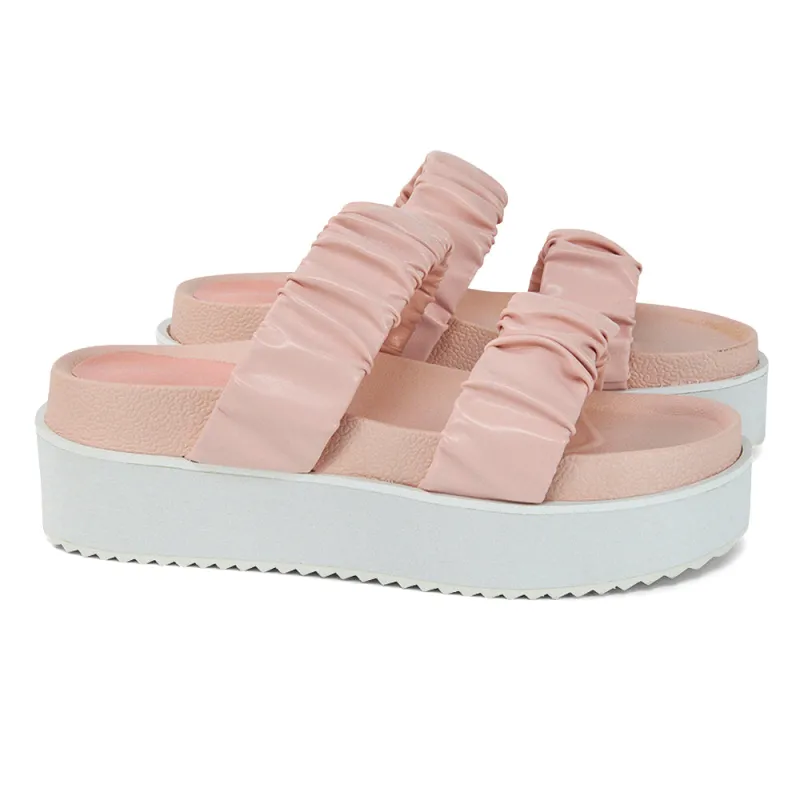 Lalia Ruched Double Strap Flatform Slide Sandals in Pink Synthetic Leather made by XYlondon