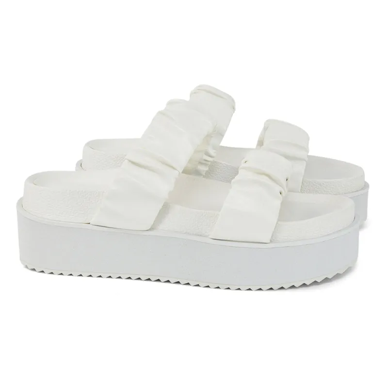 Lalia Ruched Double Strap Flatform Slide Sandals in White Synthetic Leather made by XYlondon