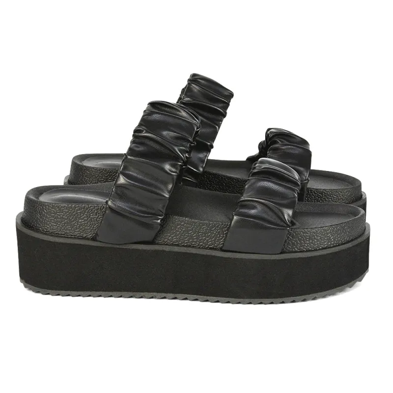 Lalia Ruched Double Strap Flatform Slide Sandals in Black Synthetic Leather sold by XYlondon