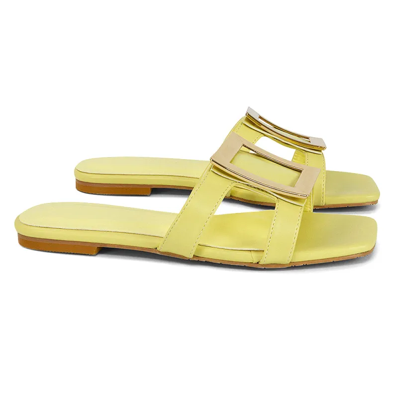 Dulce Cut Out Buckle Detail Strappy Square Toe Flat Slip on Sandal in Yellow sold by XYlondon